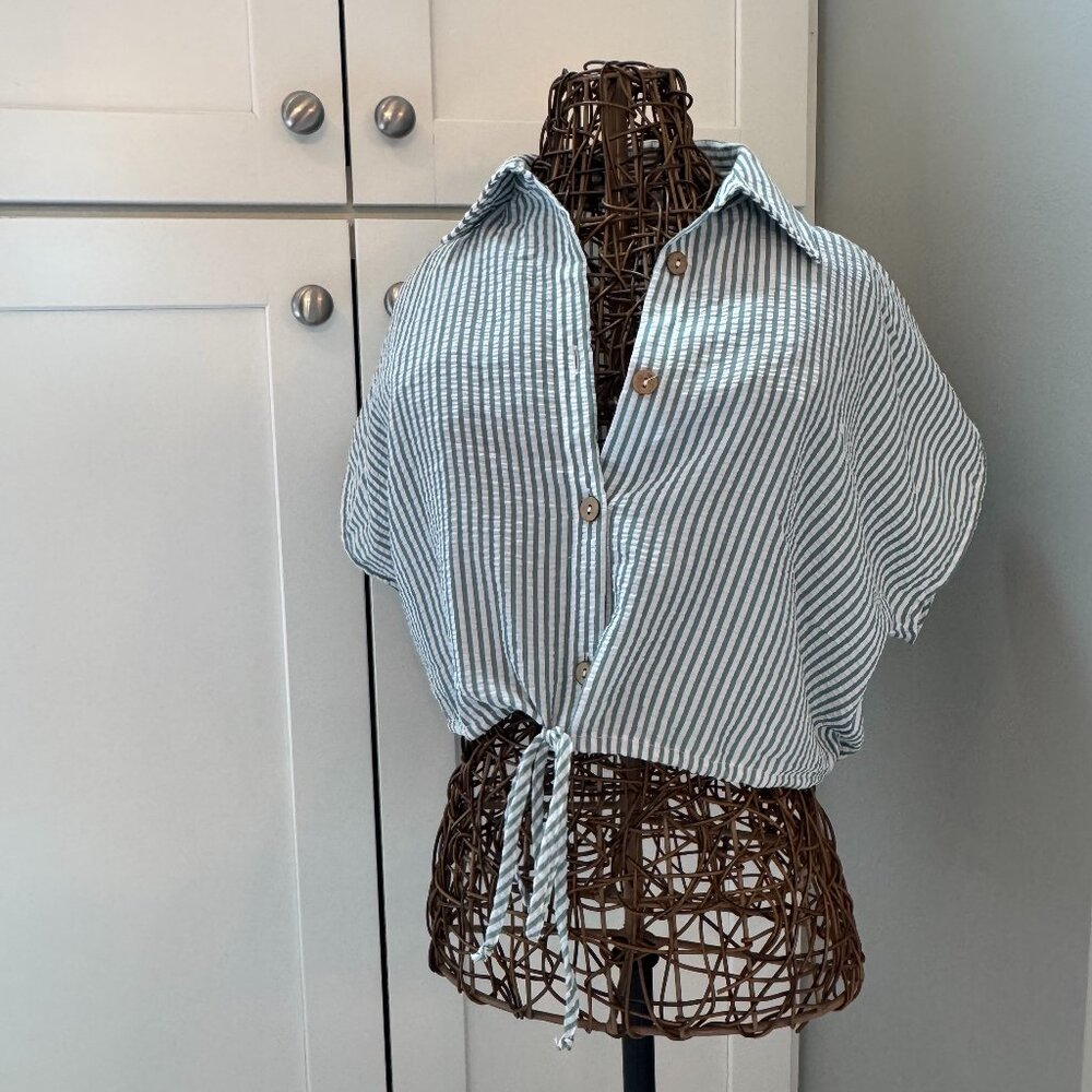 Miou Muse | Button-Up Tie Cropped Shirt | Seersucker Sage Green | Large (NWT)
